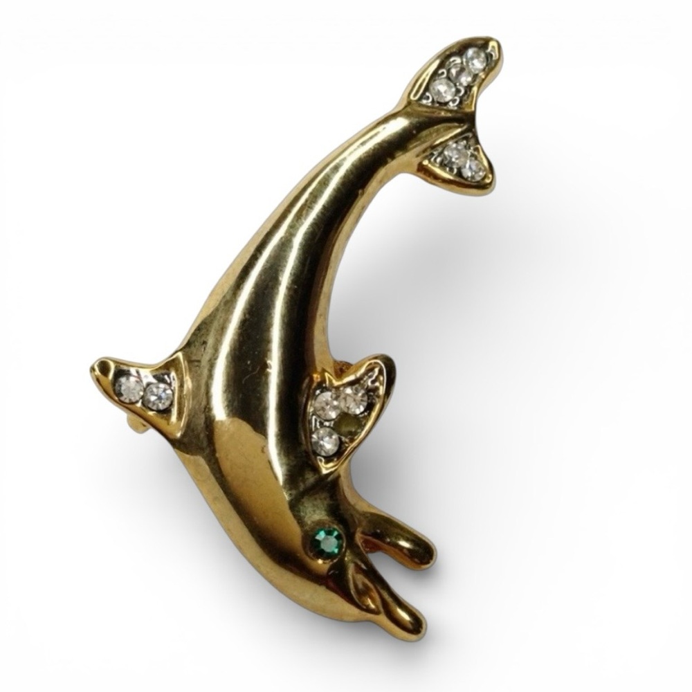 Vintage Gold Tone Dolphin Brooch – Green Eye & Rhinestone Accents - Picture 8 of 11